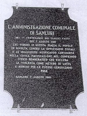 Lapide murata a Sanluri il 7 agosto 1981 per ricordare i tragici fatti di cento anni prima