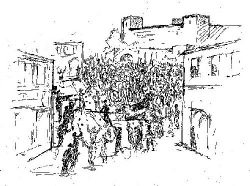 Quando i sanluresi scesero in piazza - disegno di Giuliano Carta